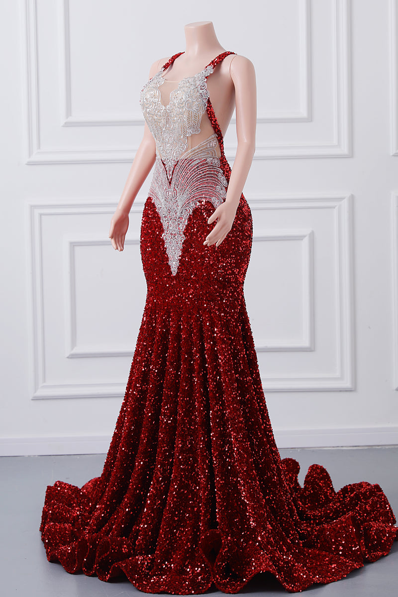 Burgundy Sequin Mermaid Silver Beaded Court Trian Prom Dresses-Ballbella