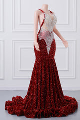 Burgundy Sequin Mermaid Silver Beaded Court Trian Prom Dresses-Ballbella