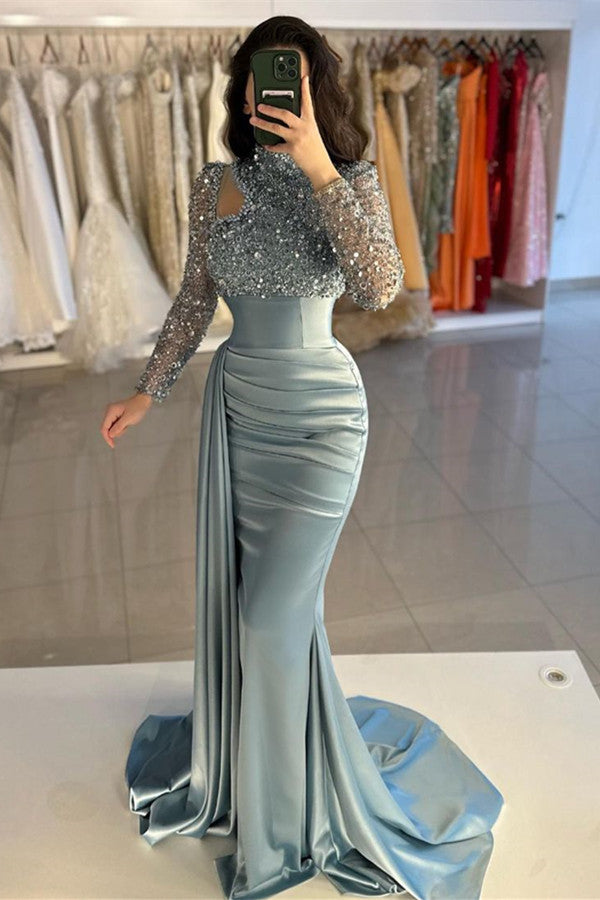 Ballbella Dusty Blue Long Sleeves Prom Dress Mermaid With Sequins High Neck-Ballbella