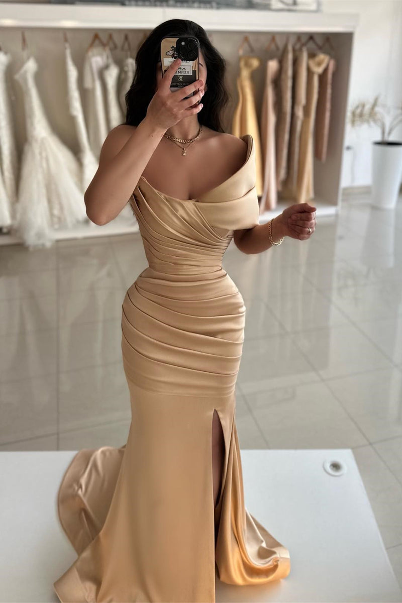 Ballbella One Shoulder Champagne Prom Dress Mermaid Slit Long