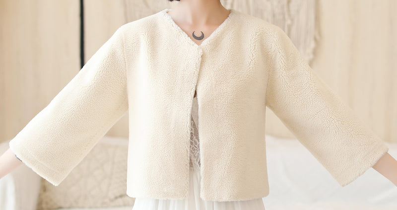 Cream White Faux Mink Fur Collarless Short Jacket & Wedding Shawl-Ballbella