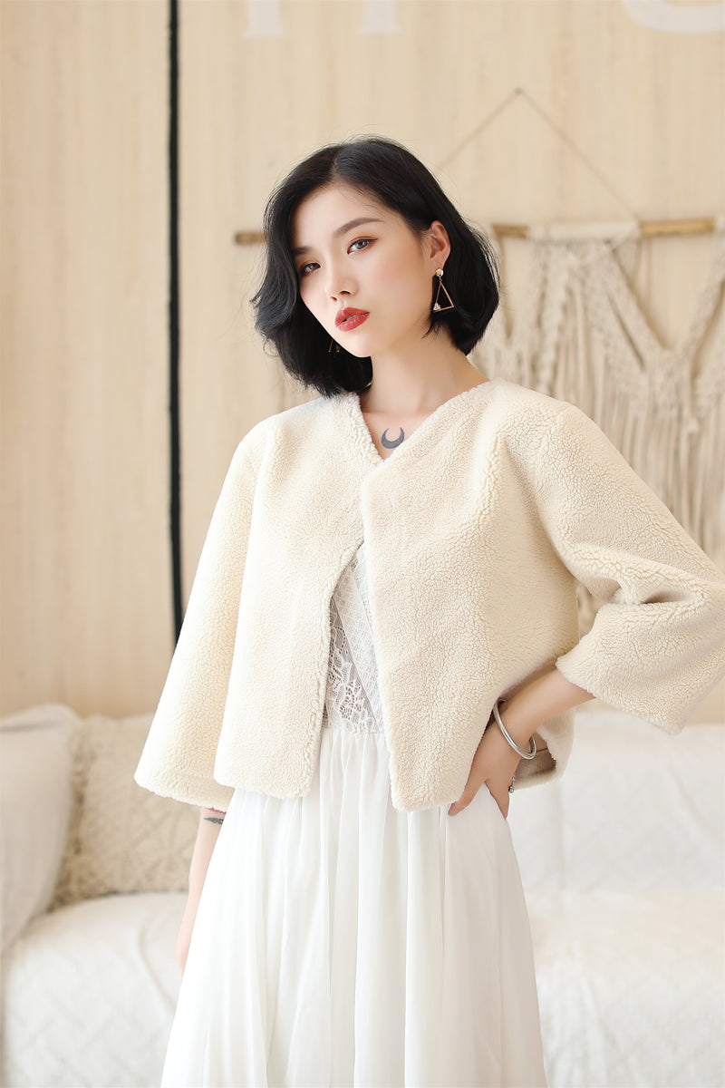 Cream White Faux Mink Fur Collarless Short Jacket & Wedding Shawl-Ballbella