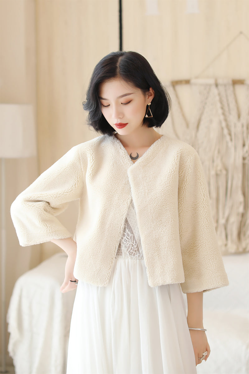 Cream White Faux Mink Fur Collarless Short Jacket & Wedding Shawl-Ballbella