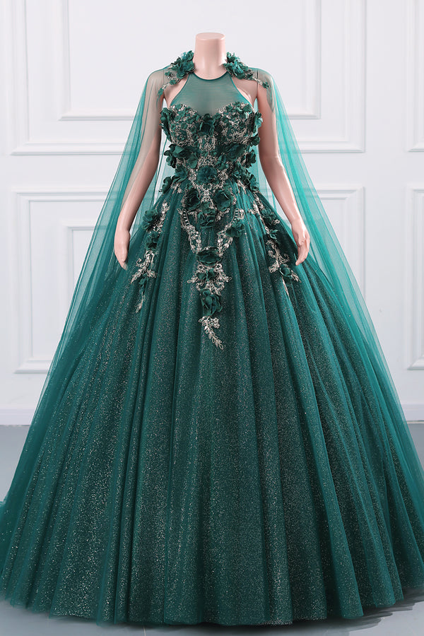 Dark Green Appliques Beaded Flowers Ball Gown Qunice Dresses