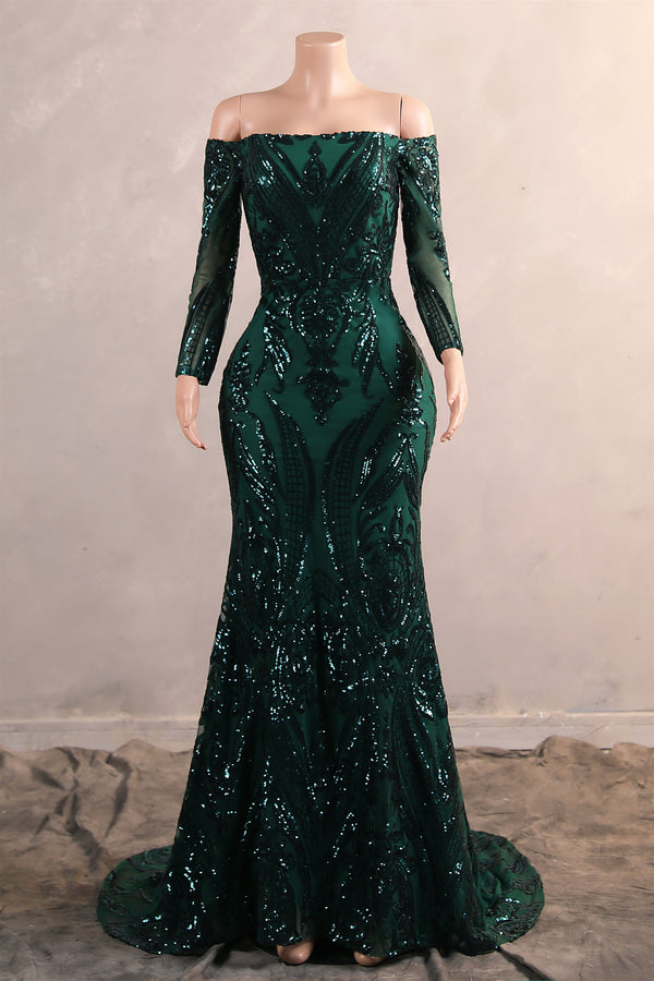 Dark Green Off-the-shoulder Long sleeves Sequin Mermaid Prom Dresses