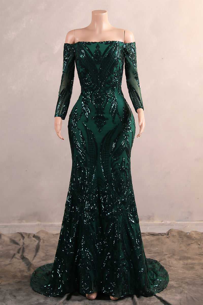 Dark Green Off-the-shoulder Long sleeves Sequin Mermaid Prom Dresses-Ballbella