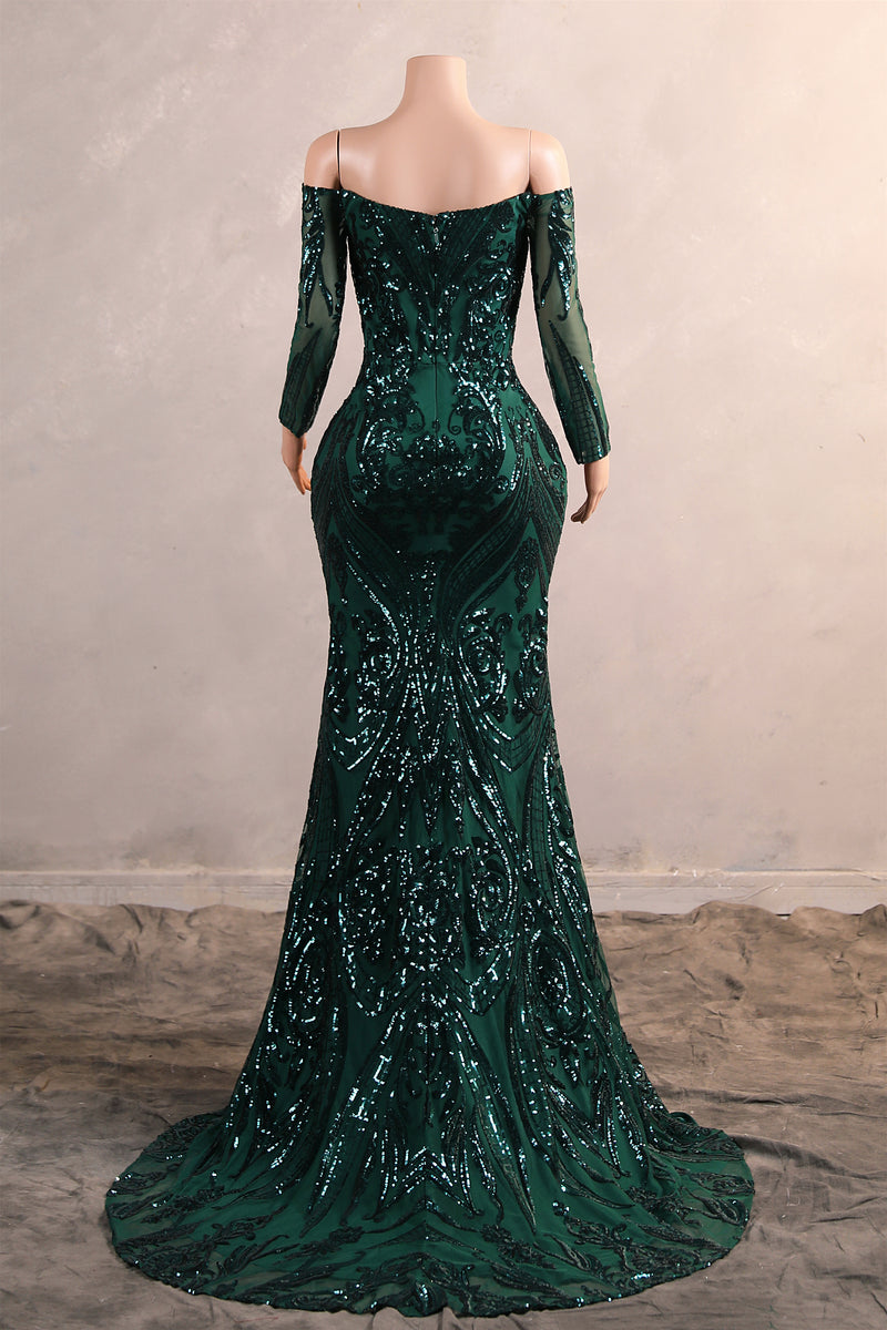 Dark Green Off-the-shoulder Long sleeves Sequin Mermaid Prom Dresses-Ballbella