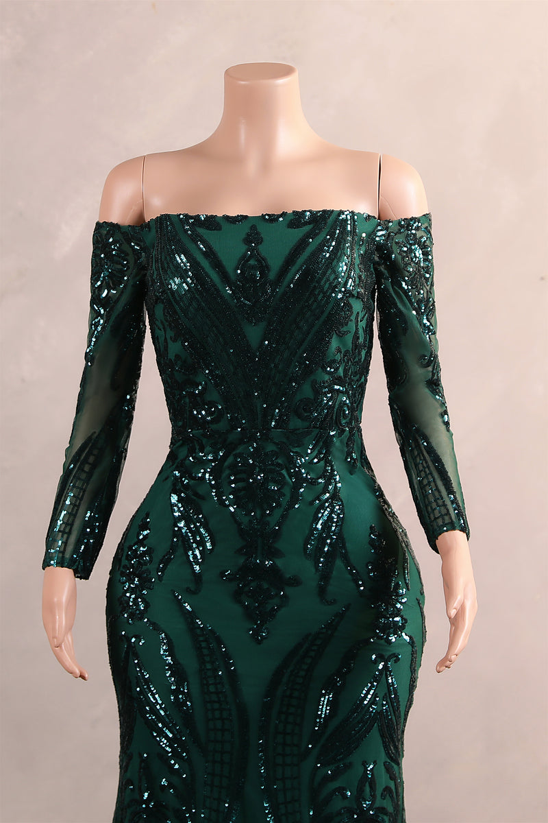 Dark Green Off-the-shoulder Long sleeves Sequin Mermaid Prom Dresses-Ballbella