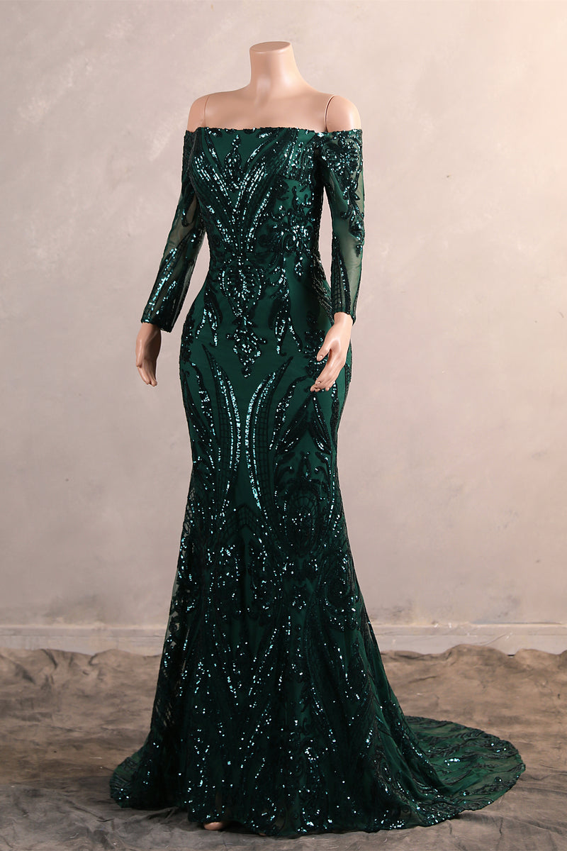 Dark Green Off-the-shoulder Long sleeves Sequin Mermaid Prom Dresses-Ballbella