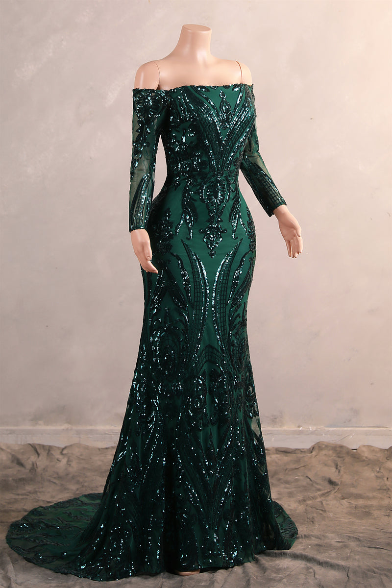 Dark Green Off-the-shoulder Long sleeves Sequin Mermaid Prom Dresses-Ballbella