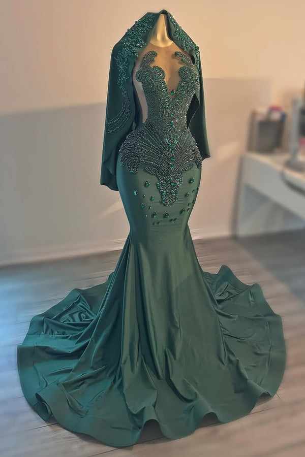 Dark Green V-neck Sleeveless Mermai Floor length Prom Dresses with Veil