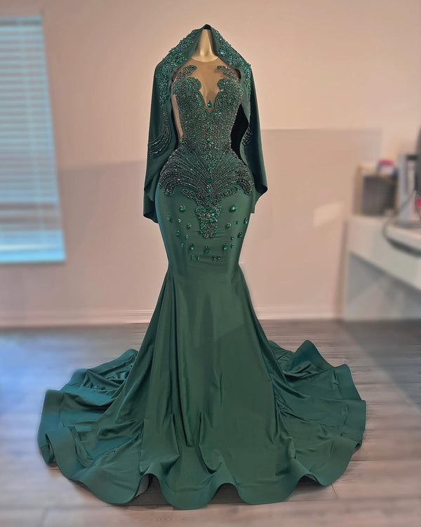 Dark Green V-neck Sleeveless Mermai Floor length Prom Dresses with Veil