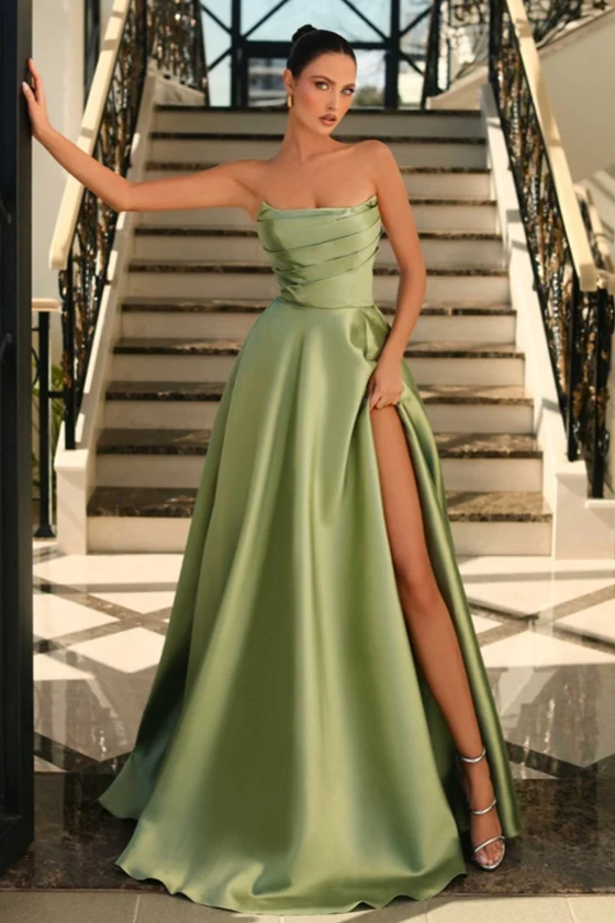 Dusty Sage Strapless Sleeveless Silk like satin A-line High Split Prom Dresses