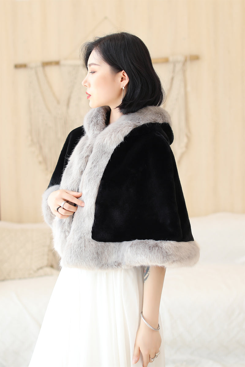 Elegant Black Faux Mink Hat with Grey-Trimmed Wedding Dress Shawl