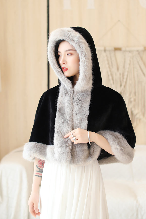 Elegant Black Faux Mink Hat with Grey-Trimmed Wedding Dress Shawl