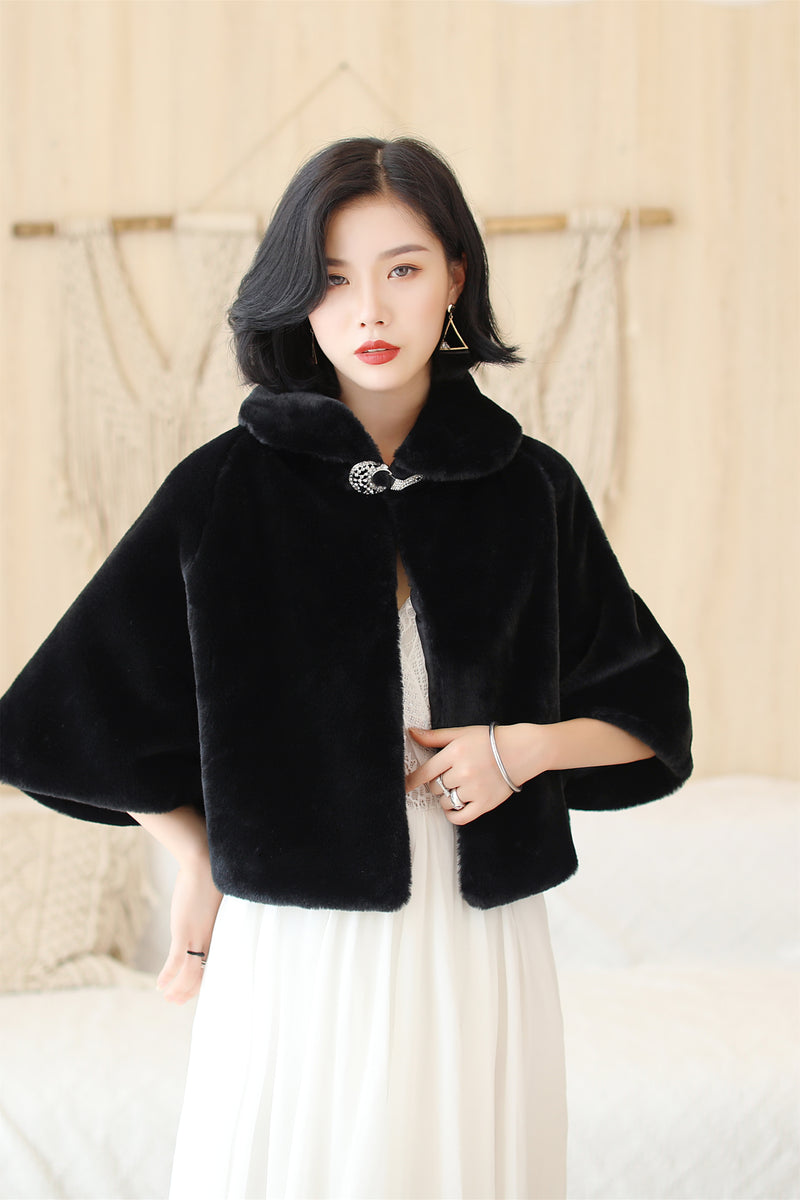 Elegant Black Korean-Style Mink Cashmere Outerwear Winter Wedding Warmth Coat-Ballbella