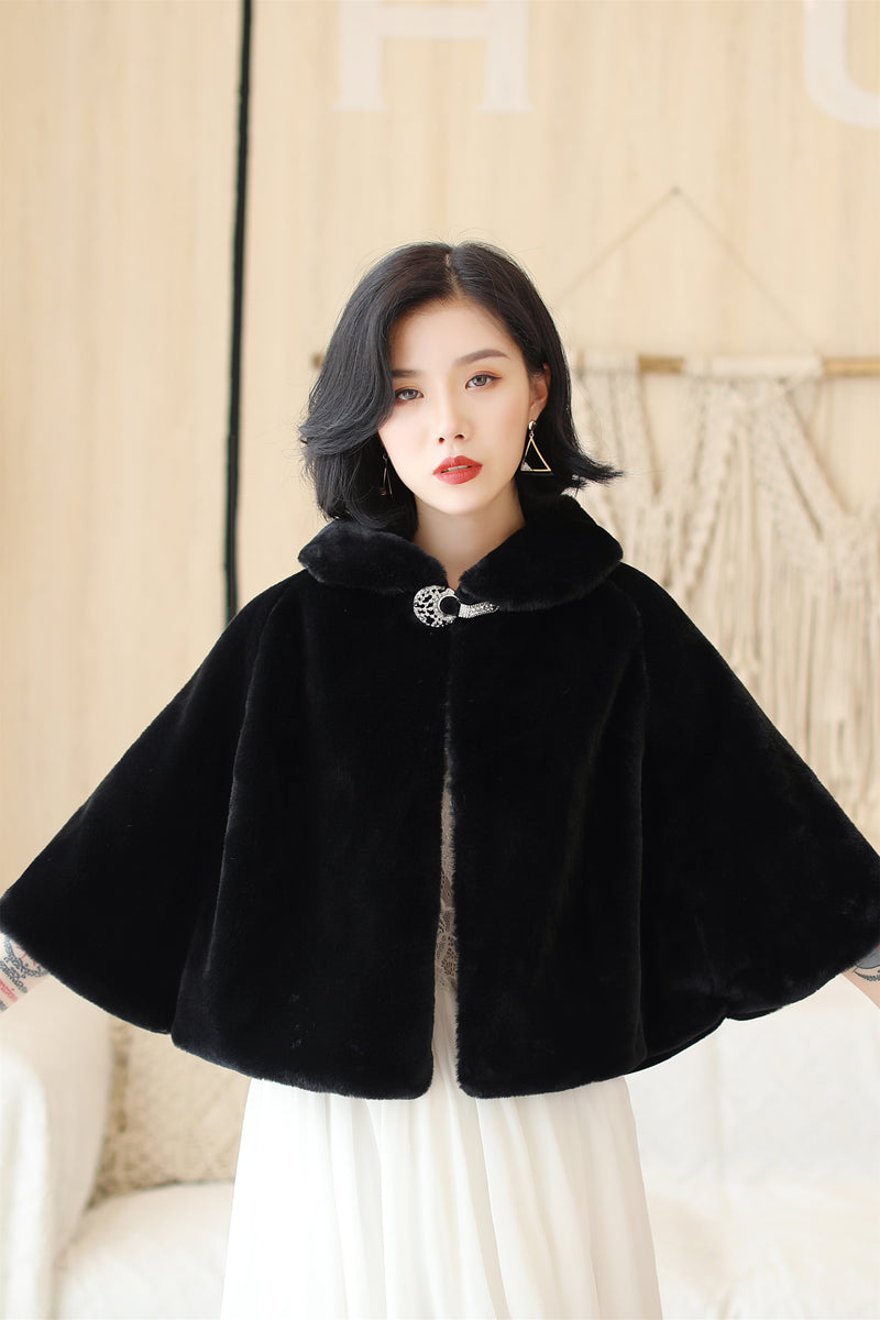 Elegant Black Korean-Style Mink Cashmere Outerwear Winter Wedding Warmth Coat-Ballbella