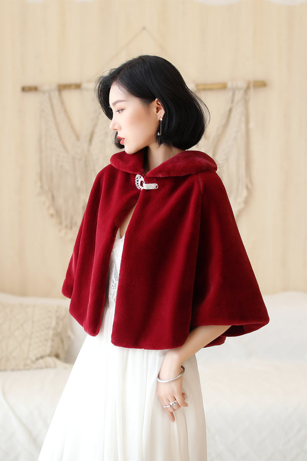 Elegant Burgundy Korean-Style Mink Cashmere Outerwear Winter Wedding Warmth Coat-Ballbella