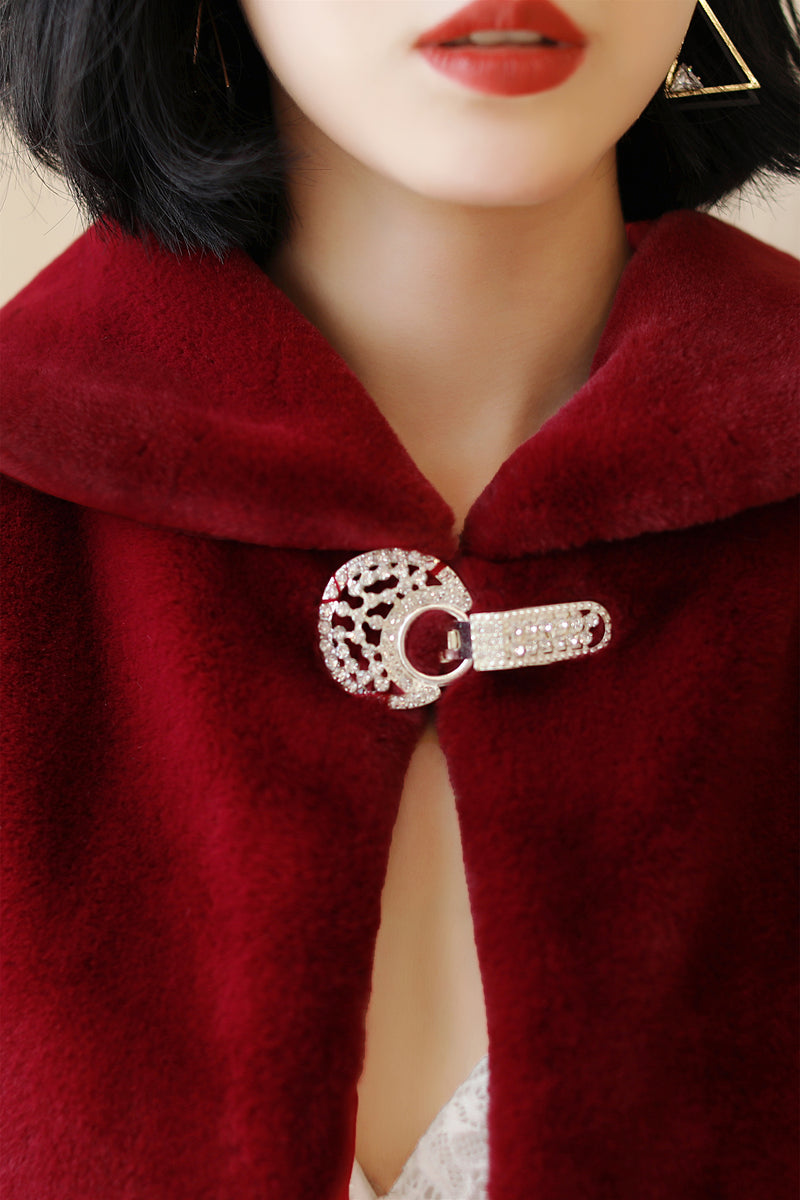 Elegant Burgundy Korean-Style Mink Cashmere Outerwear Winter Wedding Warmth Coat-Ballbella