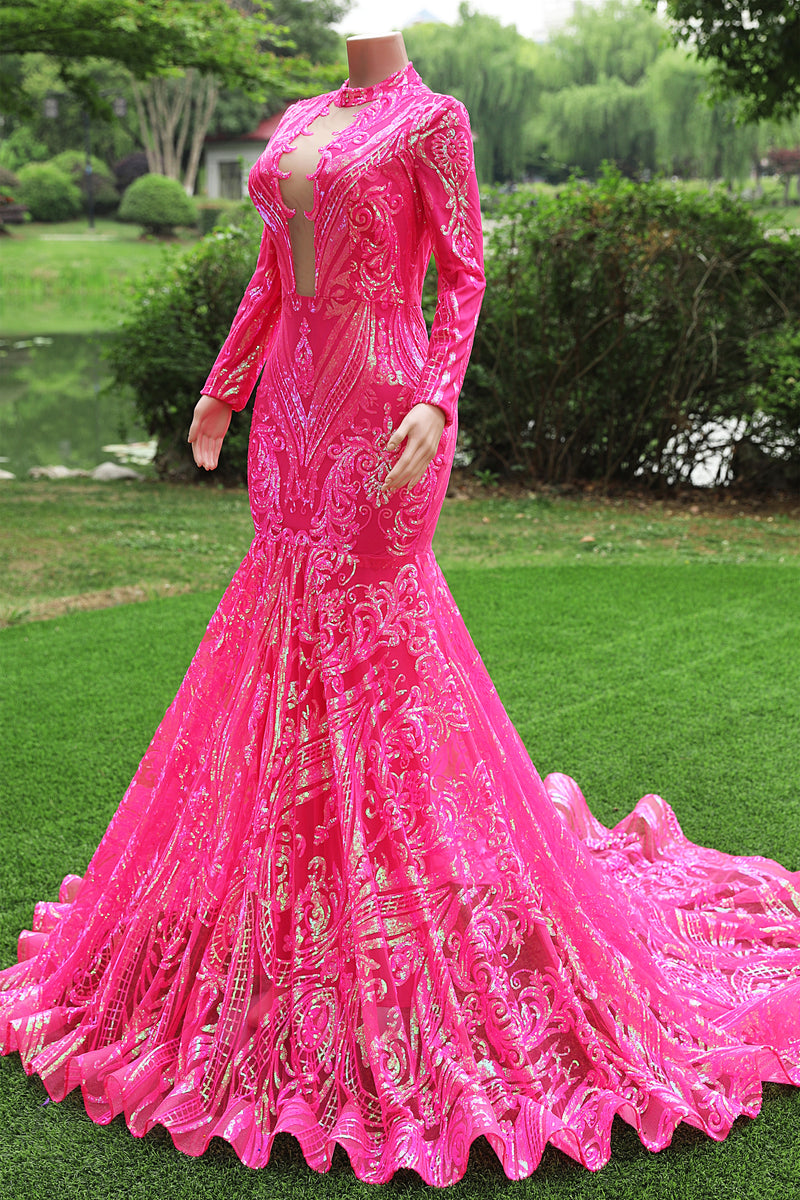 Saprkle Long sleeves Keyhole Mermaid Sequin Prom Dresses