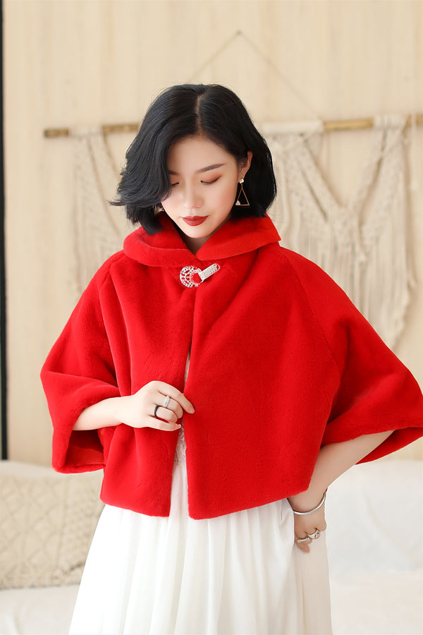 Elegant Red Korean-Style Mink Cashmere Outerwear Winter Wedding Warmth Coat-Ballbella