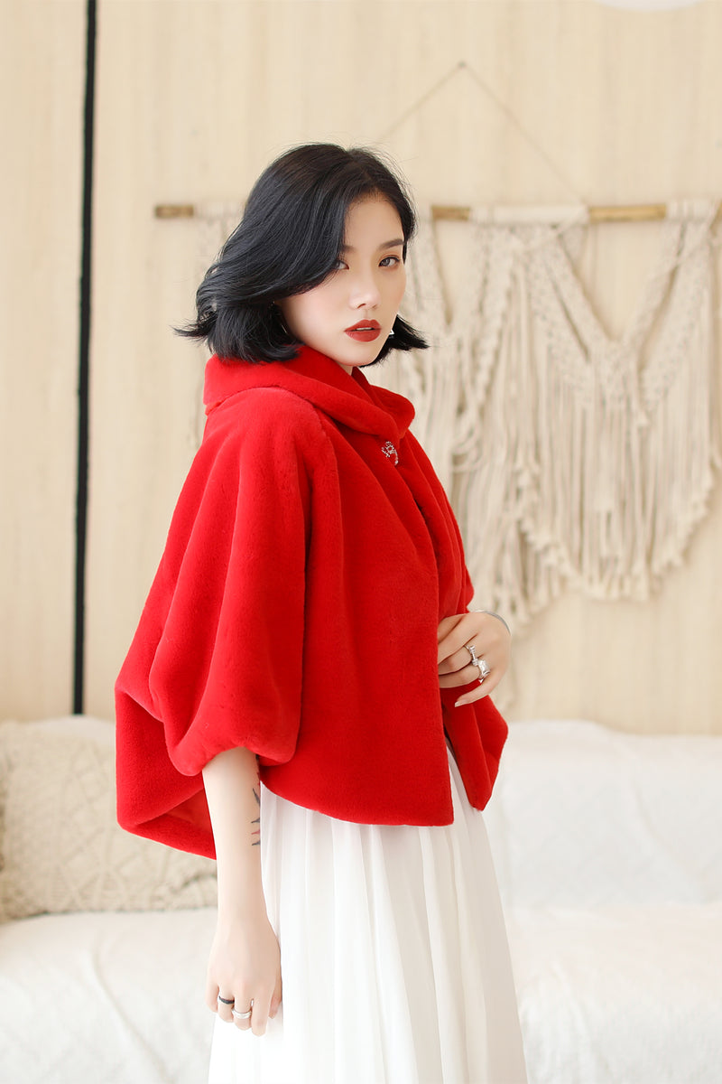 Elegant Red Korean-Style Mink Cashmere Outerwear Winter Wedding Warmth Coat-Ballbella