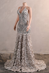 Elegant Silver Sequin Flowers Mermaid Floor Length Prom Dresses