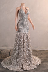 Elegant Silver Sequin Flowers Mermaid Floor Length Prom Dresses