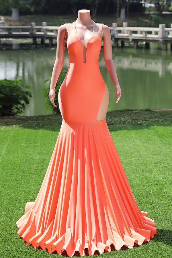 Elegant V-neck Orange Open Back Mermaid Floor Length Prom Dresses