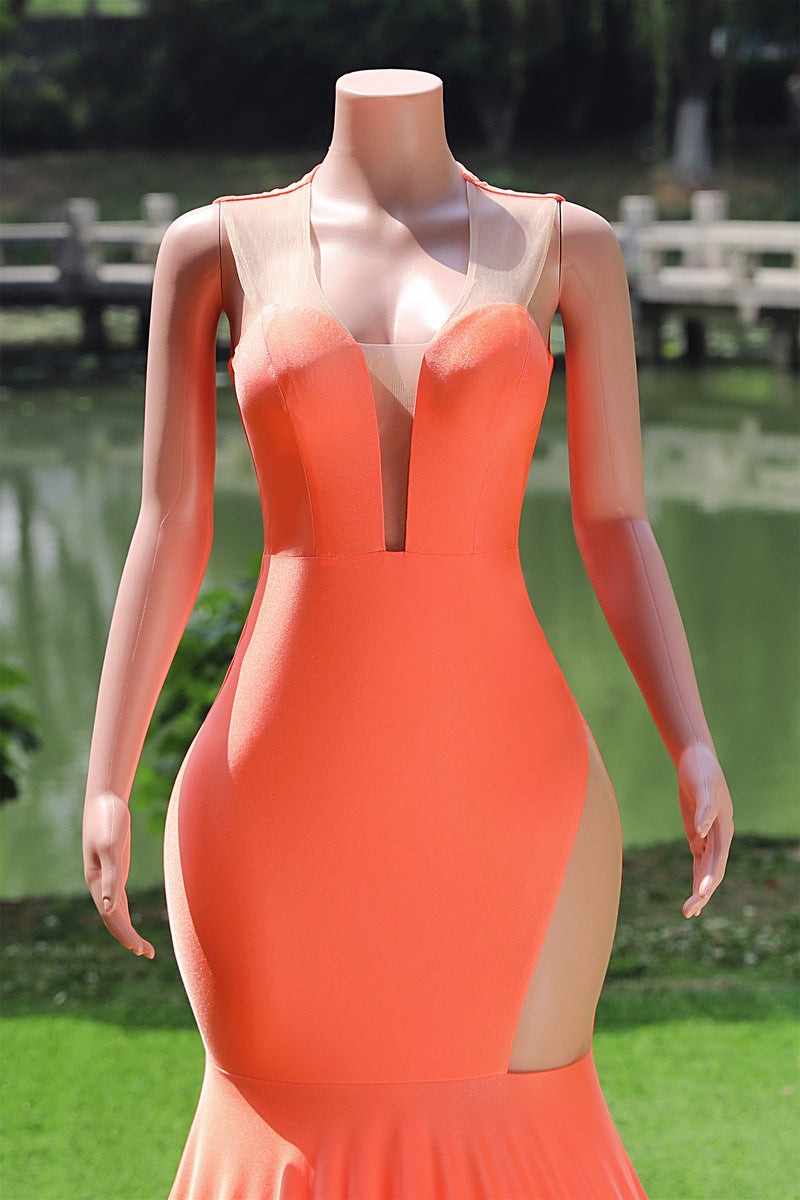 Elegant V-neck Orange Open Back Mermaid Floor Length Prom Dresses