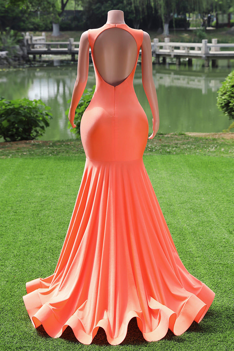 Elegant V-neck Orange Open Back Mermaid Floor Length Prom Dresses