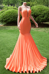 Elegant V-neck Orange Open Back Mermaid Floor Length Prom Dresses