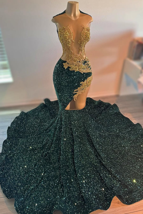 Elegant Sleeveless Dark Green Mermaid Court Train Sequin Prom Dresses