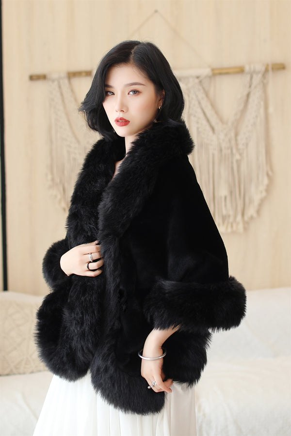 Faux Fur Rounded-Corner Wedding Gown Shawl in Black Bear and Fox Style-Ballbella