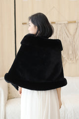 Faux Fur Rounded-Corner Wedding Gown Shawl in Black Bear and Fox Style-Ballbella