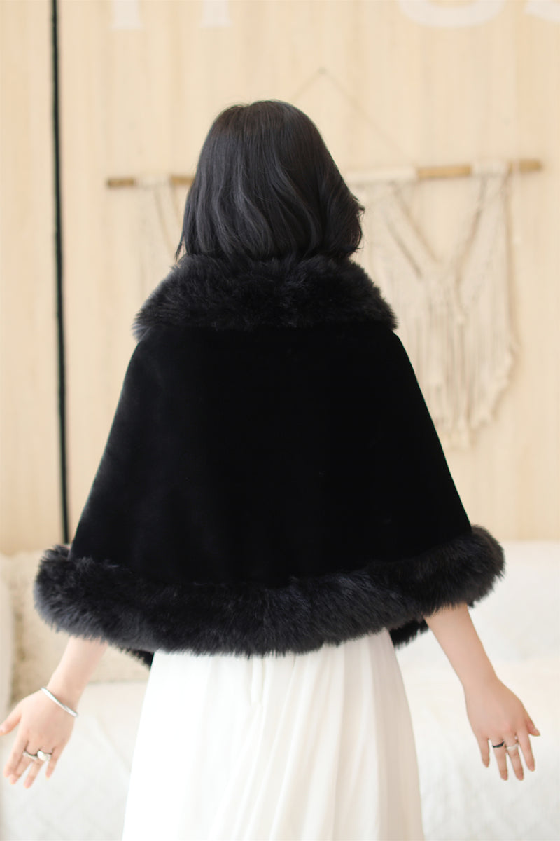 Faux Fur Rounded-Corner Wedding Gown Shawl in Black Bear and Fox Style-Ballbella