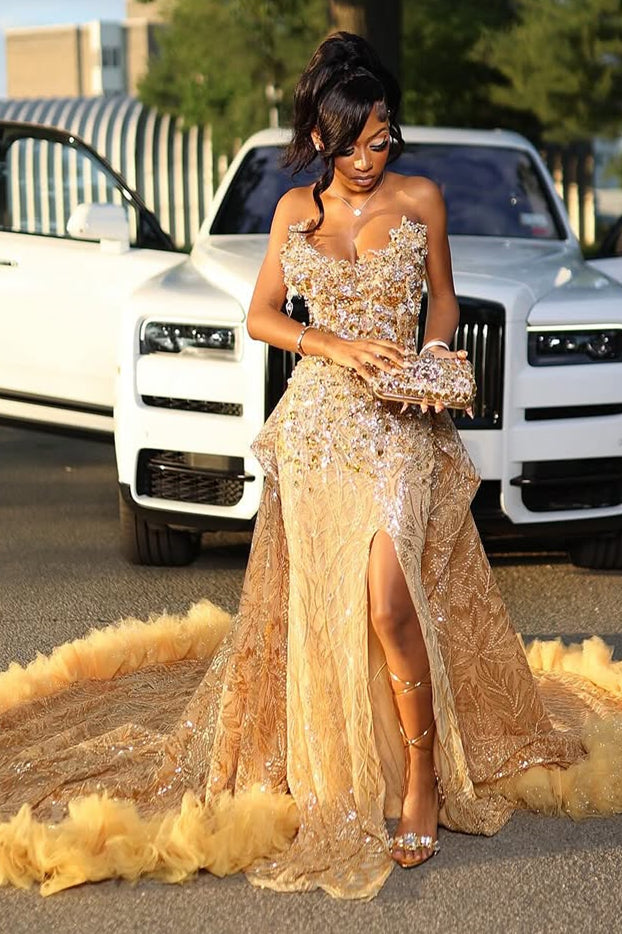 Gold Sweetheart Beaded Sparkles Court Train Flowers Prom Dresses