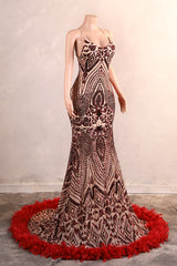 Halter Sequined Sparkle Burgundy Feathers Mermaid Prom Dresses