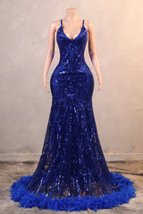 Halter V-neck Royal Blue Sequin Sparkle Feathers Prom Dresses-Ballbella