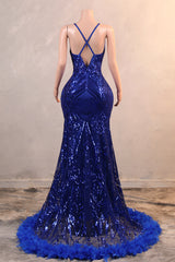 Halter V-neck Royal Blue Sequin Sparkle Feathers Prom Dresses-Ballbella