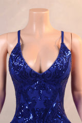 Halter V-neck Royal Blue Sequin Sparkle Feathers Prom Dresses-Ballbella