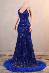 Halter V-neck Royal Blue Sequin Sparkle Feathers Prom Dresses-Ballbella