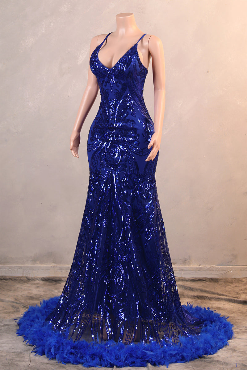 Halter V-neck Royal Blue Sequin Sparkle Feathers Prom Dresses-Ballbella