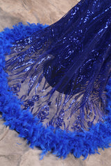 Halter V-neck Royal Blue Sequin Sparkle Feathers Prom Dresses-Ballbella