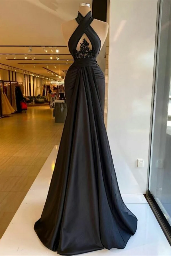 Halter Black Keyhole A-line Satin Floor length Prom Dresses