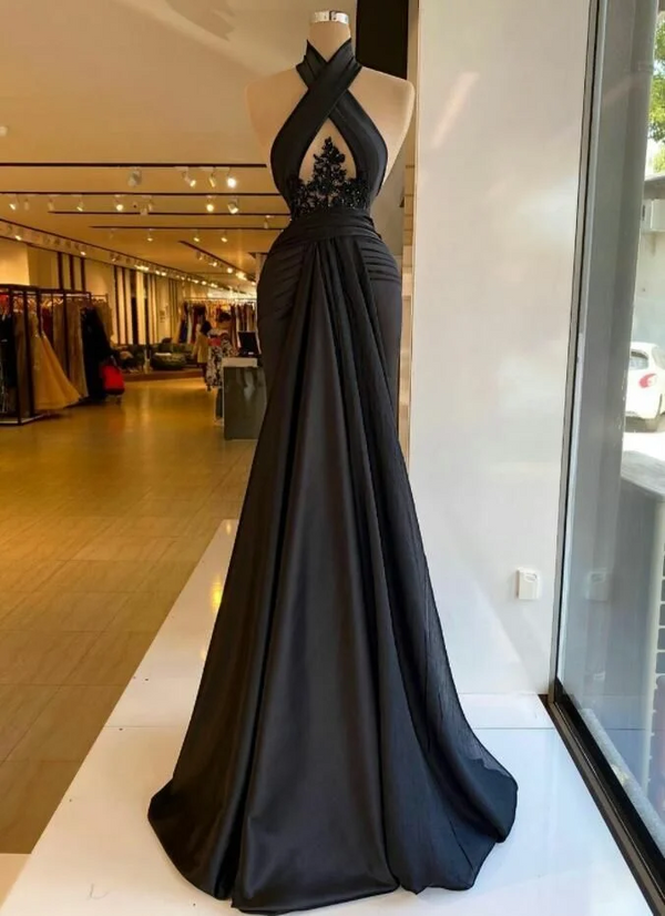 Halter Black Keyhole A-line Satin Floor length Prom Dresses