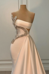 Ivory One shoulder Ivory Satin Silver Beaded Mermaid Prom Dresses