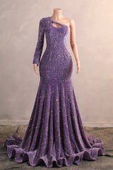 Lavender Purple One shoulder Long sleeves Keyhole sequin Prom Dresses