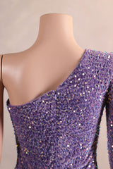 Lavender Purple One shoulder Long sleeves Keyhole sequin Prom Dresses