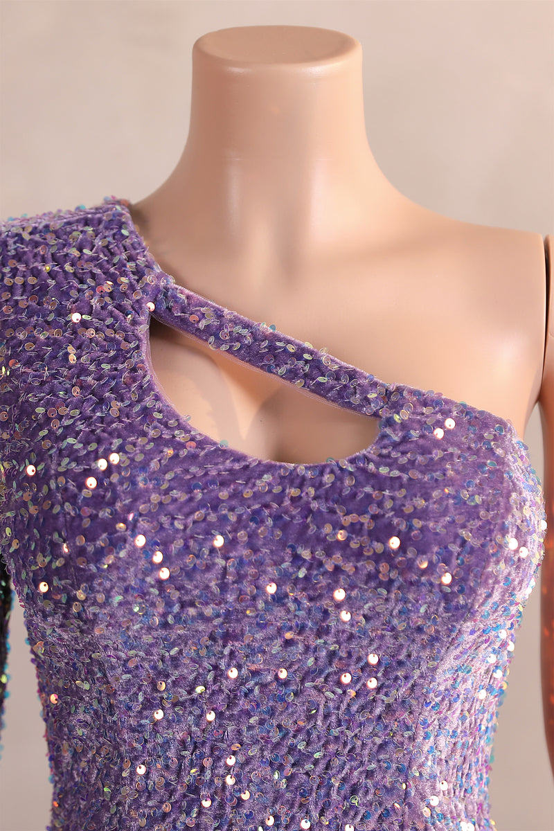 Lavender Purple One shoulder Long sleeves Keyhole sequin Prom Dresses